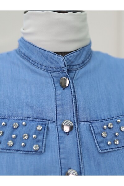 Modamorfo Tunnel Lace-Up Jeans Dress with Jewel Pocket Detail -Light Blue