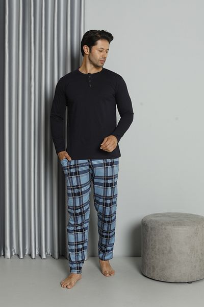 TAMPAP Men's Buttoned Plaid Long Sleeve Pajamas Set 16585