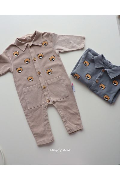 TinyAlp Soft Denim Fabric Teddy Bear Patterned Baby Boy Jumpsuit