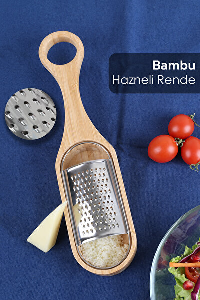 Meleni Home Bambu Saplı Hazneli Rende - Peynir Limon Zencefil Sarımsak Rendesi El Rendesi