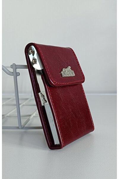 Nattural Deri Slim Sigara Tabakası & çakmak seti - bordo parlak