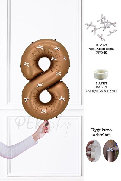 PEKSHOP Fiyonklu Retro Çikolata Kahve Rakam Balon 80 cm Fiyonk Kurdeleli