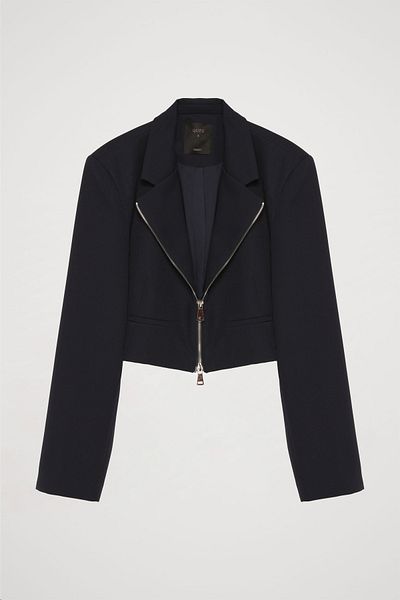 Quzu Front Zip Crop Blazer Jacket Navy Blue