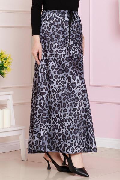 Sevitli Leopard Print Skirt with Lace-Up Waist-Gray