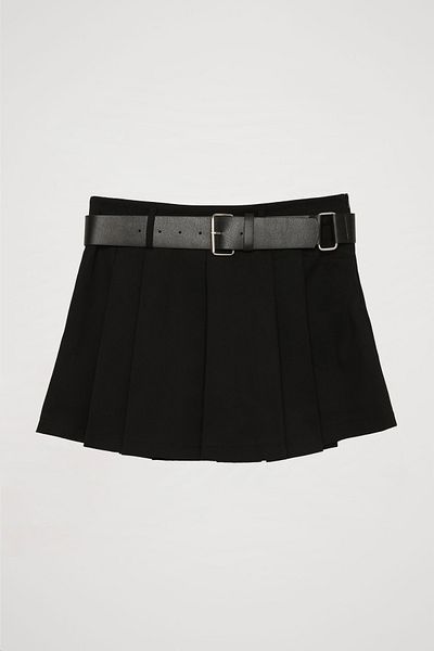 Quzu Black Pleated Mini Skirt - with Shorts Inside and Belt Accessories