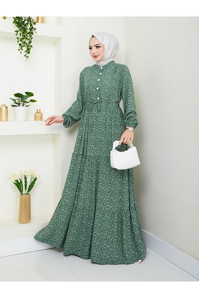 Nevayla Moda Λεπτομερές φλοράλ φόρεμα βισκόζης με κουμπιά - Khaki / E0123