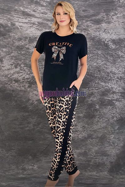 quilling Set de pijamale cu mânecă scurtă pentru femei, din bumbac, viscoză, cu imprimeu leopard, culoare neagră