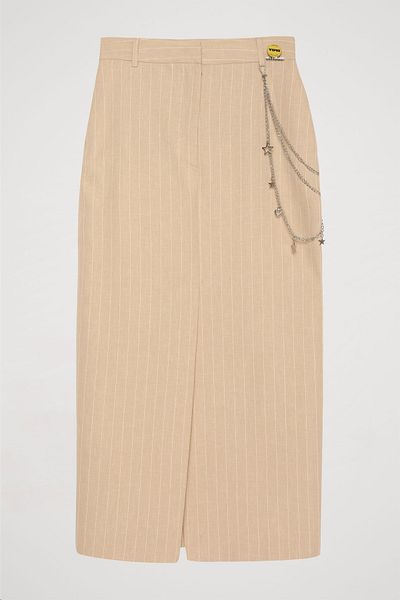 Quzu Beige Midi Length Slim Striped Slit Skirt