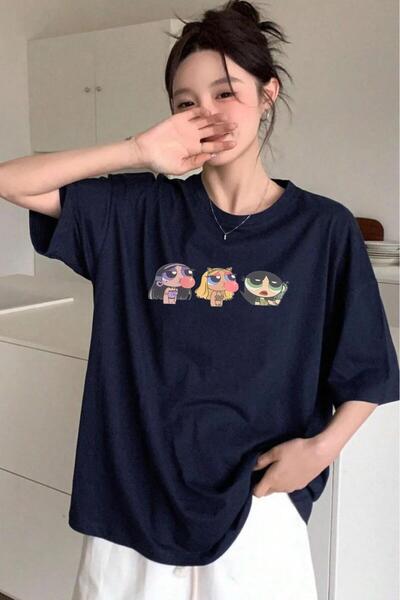 stg spor toptan giyim Γυναικείο μπλουζάκι Navy Blue Power Puff Girls με τύπωμα oversized Loose Fit