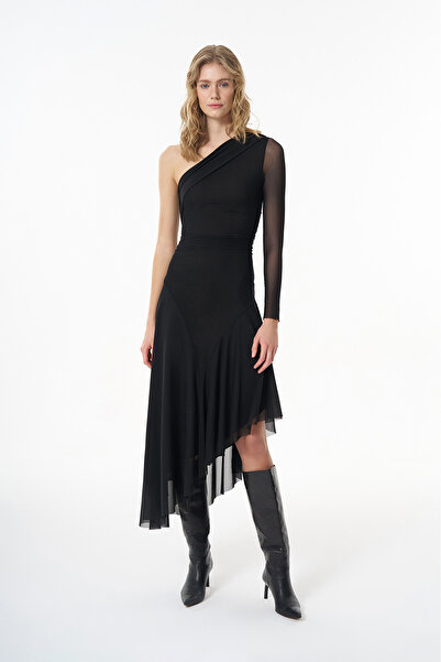 Quzu Volanlı Tek Omuz Midi Tül Elbise Siyah