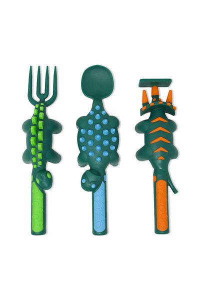 Eazy Kids Spoon, Fork & Pusher - Dark Green, Dinosaur, 3Pcs