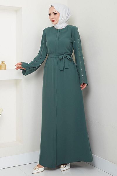 hafsamina Green Hidden Placket Stone Sleeve Ferace Hm2152