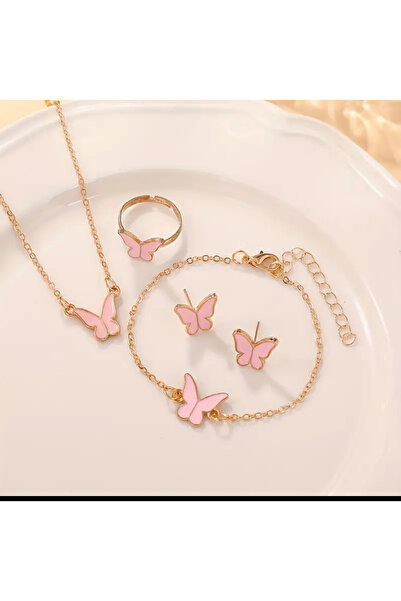 Butik PEMBE RENK KELEBEK FİGÜRLÜ KOLYE BİLEKLİK KÜPE YÜZÜK SETİ