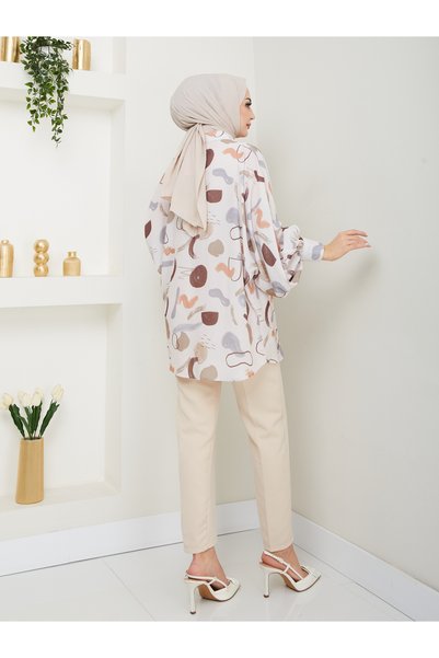EFSUN MODA Jesica Print Shirt - Standard Size, Long Sleeve, 2504 Model, Coffee Color