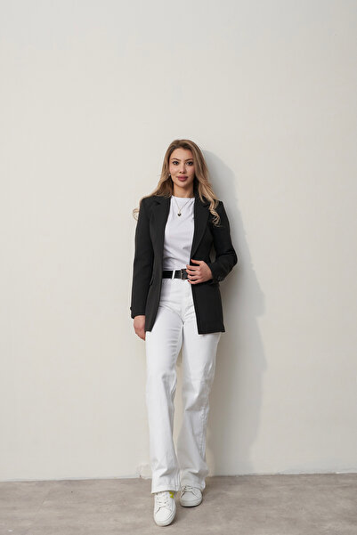 Rabia Çelik Kadın Siyah Tek Düğmeli Kol Detaylı Marka Model Blazer Ceket