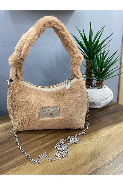 BEE BAGS Geantă de mână și de umăr model Baguette, cu pene, maro, pufoasă