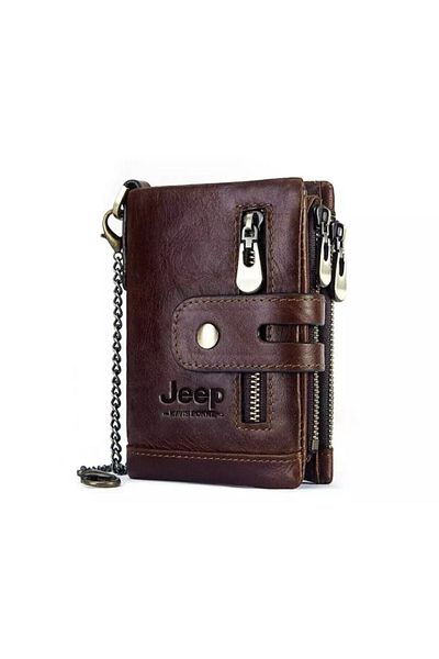 Jeep Мъжки портфейл от естествена кожа с отделение за карта за монети и държач за верижка RFID функция