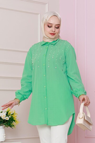 Sevitli Tunic with Pearls on the Front-Water Green