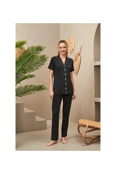 PJS 25186 طقم بيجامة نسائي بأكمام قصيرة وياقة وأزرار