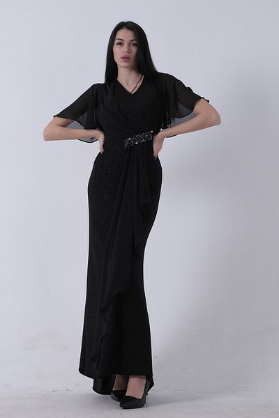 Feminist Half Sleeve Hijab Evening Dress with Stone Detail on the Waist Black 08061271