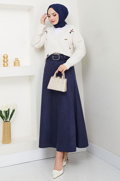 hafsamina Μπλε Navy Suede Mevlana Ζώνη Φούστα - HM2607