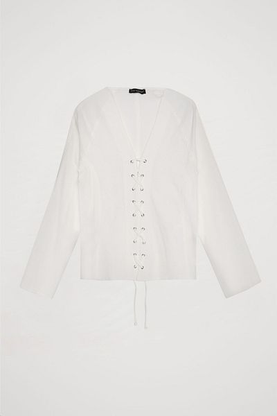 Quzu Ecru Colorful Bird Eye Lace-Up Long Sleeve Blouse