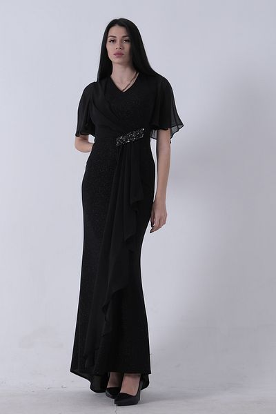 Feminist Half Sleeve Hijab Evening Dress with Stone Detail on the Waist Black 08061271