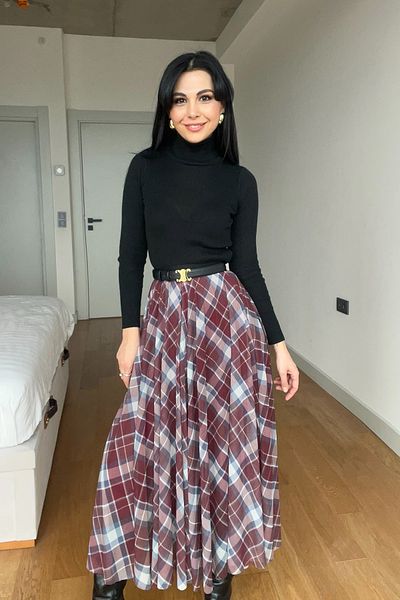 Seda Yalçın Atelier Claret Red Flared Plaid Skirt