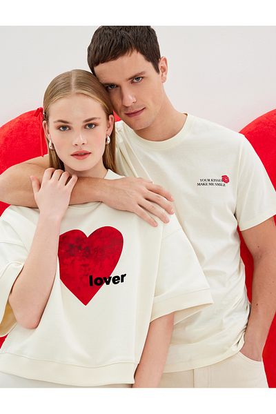 Koton Cotton Short Sleeve Crew Neck Heart Oversize Sweatshirt