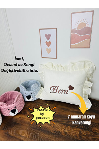KARSU TASARIM Müslin Kumaş Fırfırlı Bebek Takı Yastığı İçi Dolu (İsimli Nakış...