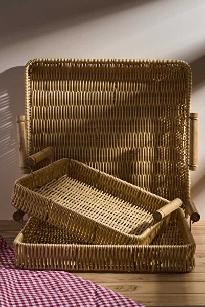 CENGİZ ÇEYİZ Hasır Görünümlü Kulplu 3'lü Kare Tepsi PER15254