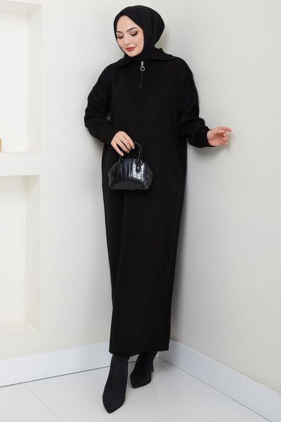 hafsamina Black Knitwear Dress - Zip and High Top Hm2531