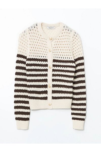LC Waikiki Lcw Vision Ecru Crew Neck Openwork Women's Knitwear Cardigan