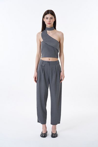 Quzu Neck Detailed Crop Blouse Dark Gray