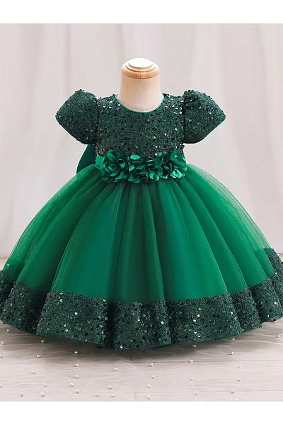 miço kids Green Sequin Balloon Sleeve Girl's Dress