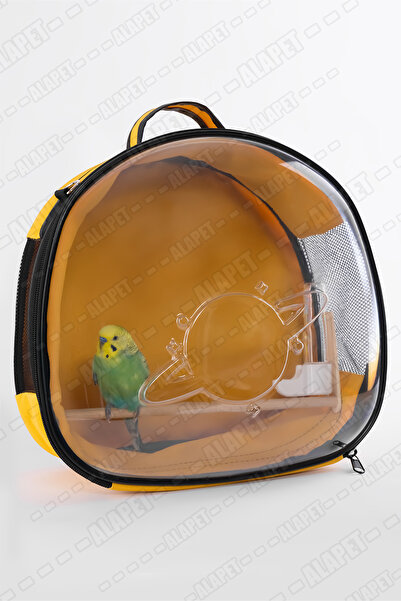 AlaPet Sırta Asılan Suluklu Kuş Taşıma Çantası (Sabit Tünekli) Her Kuş İçin Uygun DEV BOY! Sarı Renk