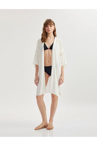 Koton Viscose Fabric Scalloped Detailed 3/4 Sleeve Oversize Kimono