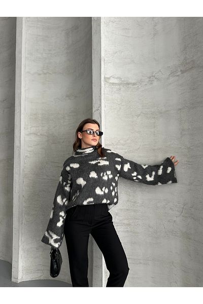 Elilook Pulover de damă, cu model leopard, cu guler ridicat