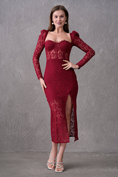 Secret Passion Lingerie Bordo Astarlı Dantel Kumaş Güpür ve Yırtmaçlı Tasarım Şık Midi Abiye Elbise 249