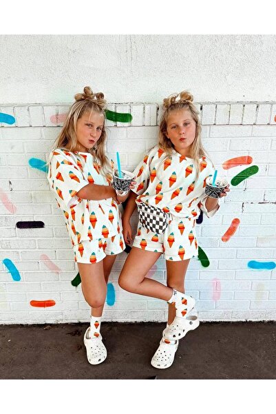 Magu Ice Cream Patterned Oversize Children's Shorts Cotton T-Shirt Set