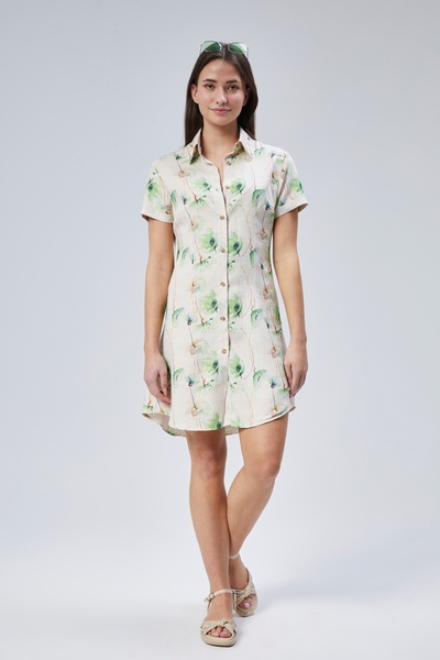 Butik Γυναικείο φόρεμα μπεζ με πράσινο φλοράλ σχέδιο Εισαγόμενο λινό Sofia