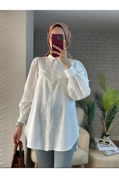 HİJABAYA Сорочка з рукавами-балонами з сирого льону - з бахромою