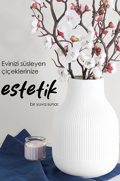 Meleni Home Κεραμικό ριγέ βάζο - Τεχνητό λουλούδι ξηρό λουλούδι Pampas Vase Διακοσμητικό βάζο 22cm Λευκό