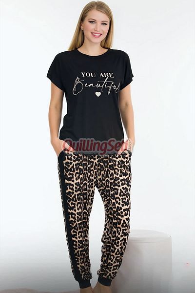 quilling Set de pijamale de culoare neagră și model leopard Lady 12556 din bumbac cu mânecă scurtă pentru femei