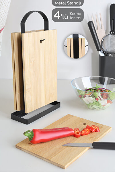 Meleni Home 4'lü Metal Standlı Bambu Kesme Tahtası - Dikdörtgen Doğrama Tahta...