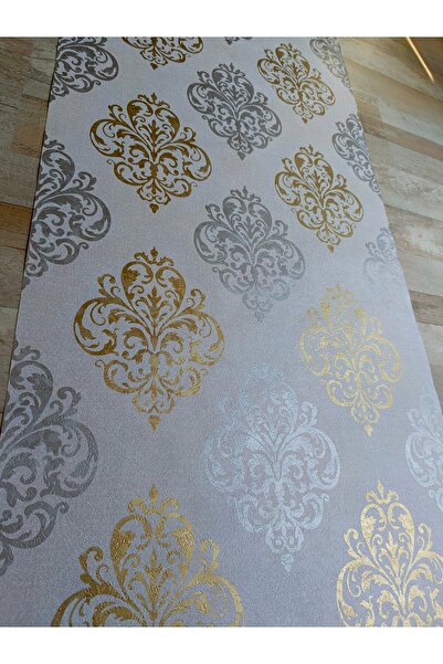 KMS HOME Beyaz Üzerine Gümüş Gold Damask Hafif Kabartmalı Silinebilir Duvar K...