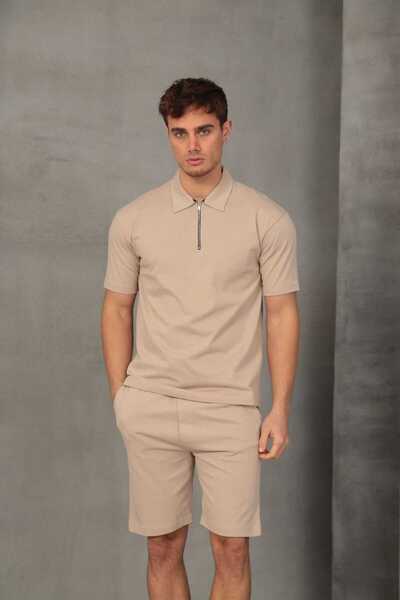 FRANCO RENZO Beige Half Oversize Zippered Men's Shorts Set 049