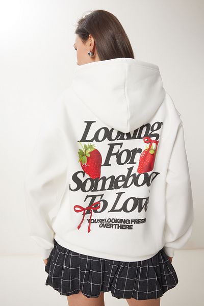Lovelyİstanbul Knitted Hooded Slogan Sweatshirt - Ekru Lub0076