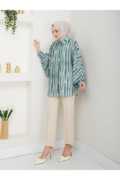 EFSUN MODA Πουκάμισο Jesica με σχέδιο - Μέγεθος Standert, Μακρύ μανίκι, Emerald 2503