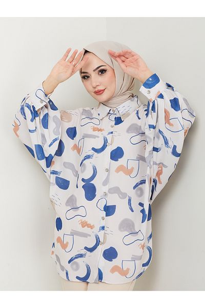 EFSUN MODA Πουκάμισο με σχέδιο Jesica Navy Blue - Μέγεθος Standert, Μακρύ μανίκι 2504